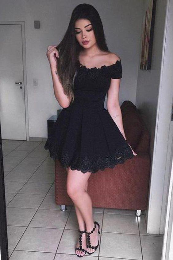 Black A-Line Short Dress Homecoming Dresses Arabella Lace For Teens CD79