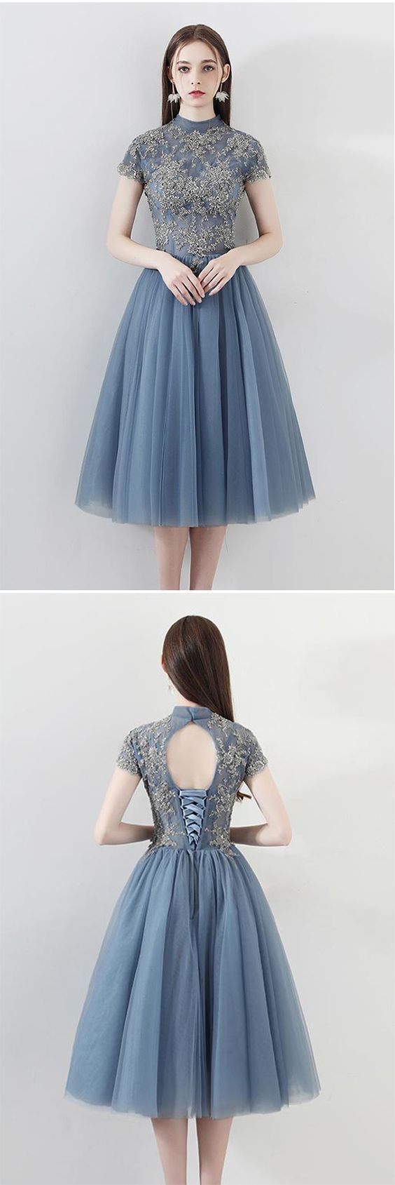 A Line Homecoming Dresses Lillianna Blue Tulle Short Sleeves High Neck Appliques CD810