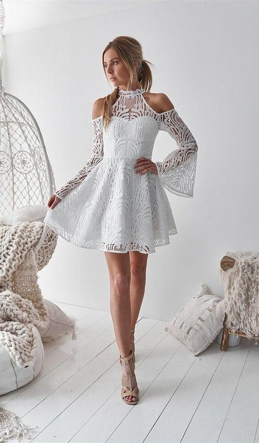 Plus Size Dresses A-Line High Neck Homecoming Dresses Evelin Bell Sleeves Cold Shoulder Above-Knee White CD8101