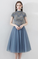 A Line Homecoming Dresses Lillianna Blue Tulle Short Sleeves High Neck Appliques CD810