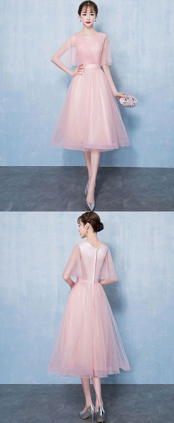 Simple V Neck Tulle Short Pink Jessica Homecoming Dresses Tulle CD812