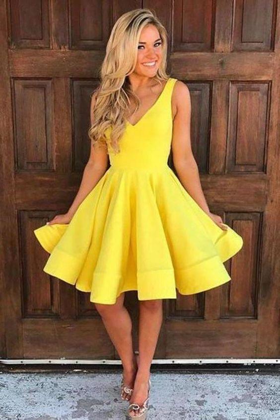 Cute V Neck Yellow Sleeveless Short Party Dresses Mckinley Homecoming Dresses A Line CD8339