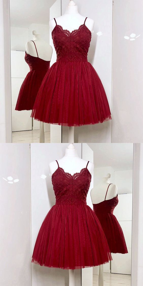Spaghetti Lace Homecoming Dresses Aiyana Straps A-Line Burgundy Tulle Short With CD866