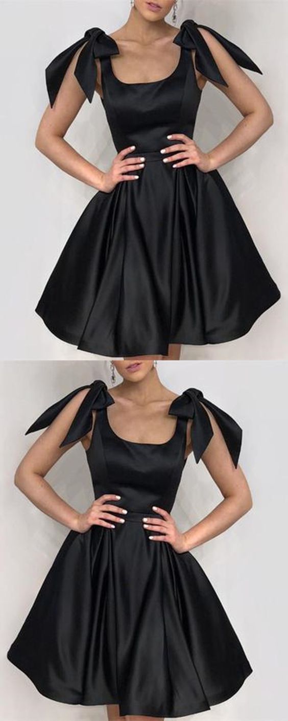 Elegant Black Bow Satin Homecoming Dresses Hailie Shoulders Ruffles CD874