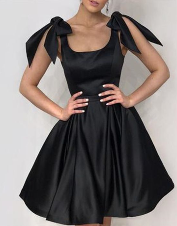 Elegant Black Bow Satin Homecoming Dresses Hailie Shoulders Ruffles CD874
