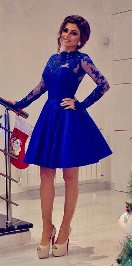 Short Long Sleeves Knee Length For A Line Anaya Homecoming Dresses Royal Blue Girls CD8897