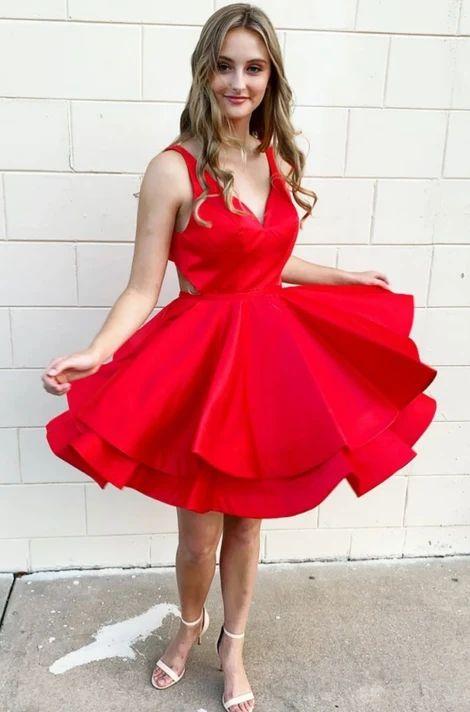 Simple Red Melany Satin Homecoming Dresses V Neck Short Dress Red CD9077