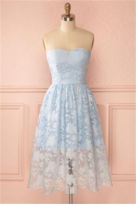 Tea Length Sky Blue Sweetheart A-Line For Teens Lace Homecoming Dresses Emilia CD9172