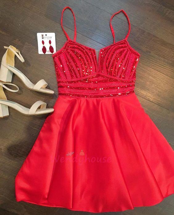 Sexy Red Straps Beaded Short Party Dress Red Dress Cocktail Homecoming Dresses Aspen CD9365