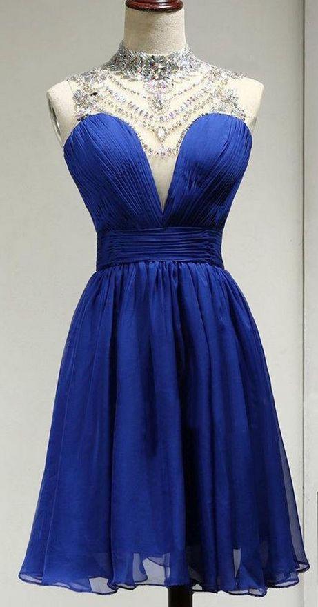 High Neck Short A Line Homecoming Dresses Lillianna Royal Blue Gowns CD9573