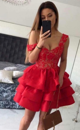 Red V-Neck Straps Short Lace Homecoming Dresses Louise CD960