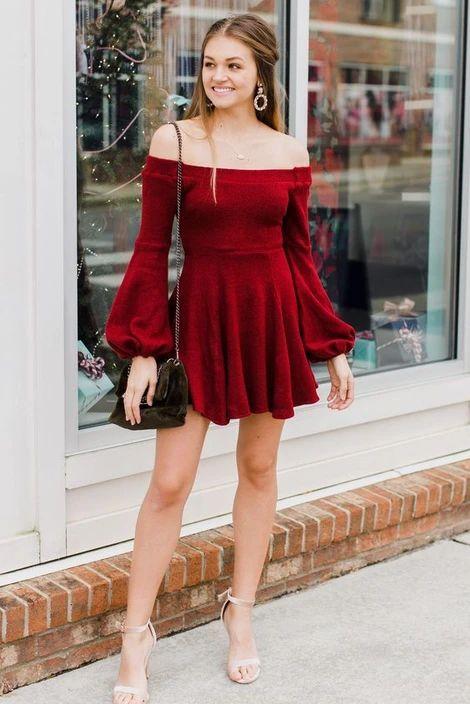 A-Line Off-The-Shoulder Long Homecoming Dresses Anaya Sleeves Short Dark Red Velvet CD9623