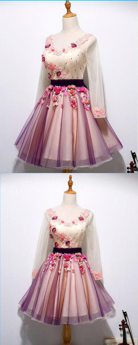 Cute Spring Tulle Katherine Homecoming Dresses Lace V Neck Short Applique Party Dress With Sleeves CD9646