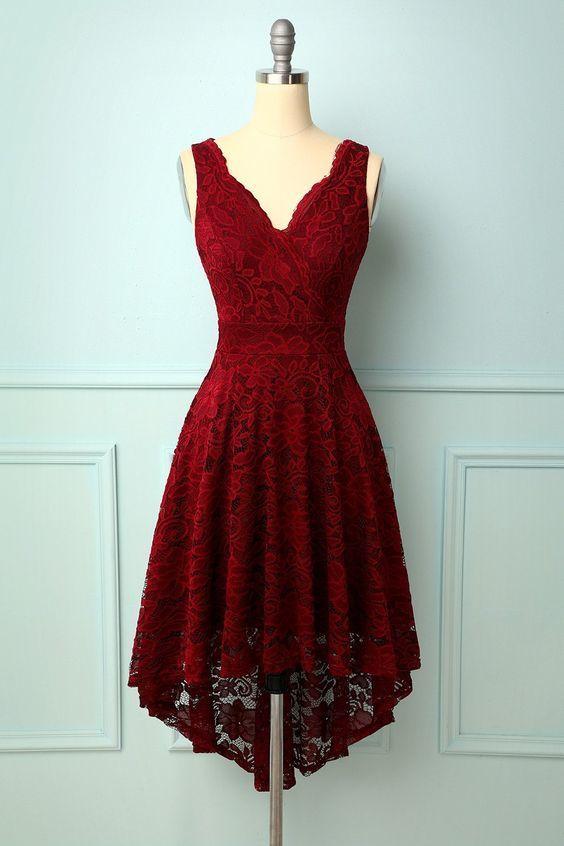 Dark Homecoming Dresses Carolina Lace Red V-Neck Dress CD9870