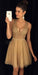 Shiny Gold V-Neck Beaded Layers Homecoming Dresses Helen Short CD9871