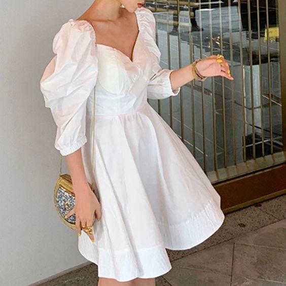 White Puff Sleeves Mini Dress Maria Homecoming Dresses CD9901