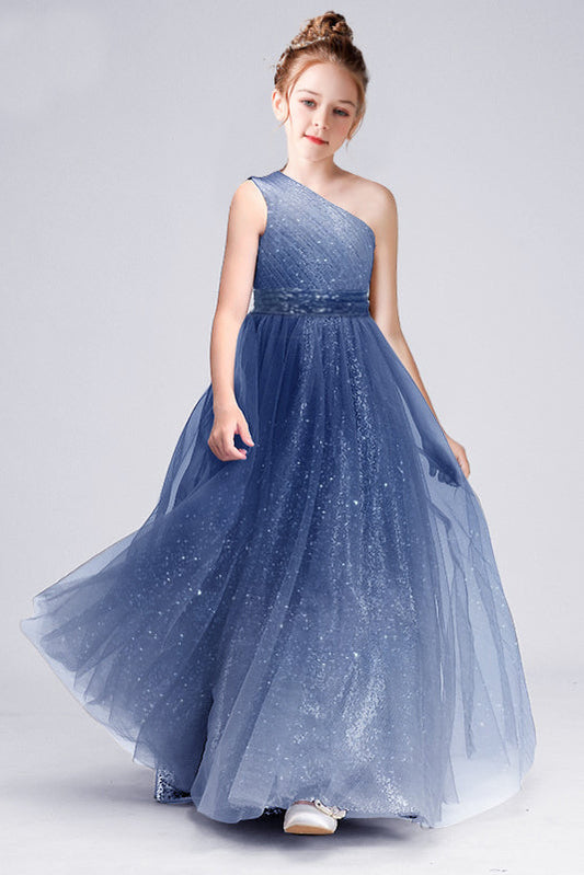 A Line Sparkle Blue One Shoulder Sleeveless Flower Girl Dresses