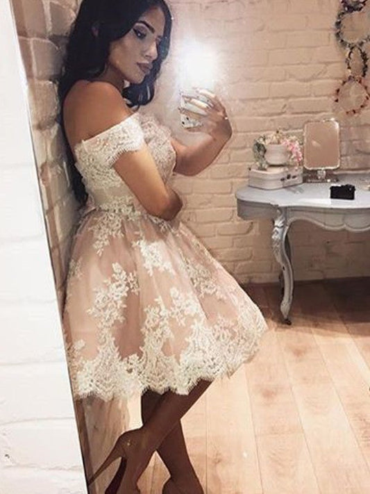 Marina Lace Homecoming Dresses A-Line/Princess Sleeveless Off-The-Shoulder Short/Mini Dresses