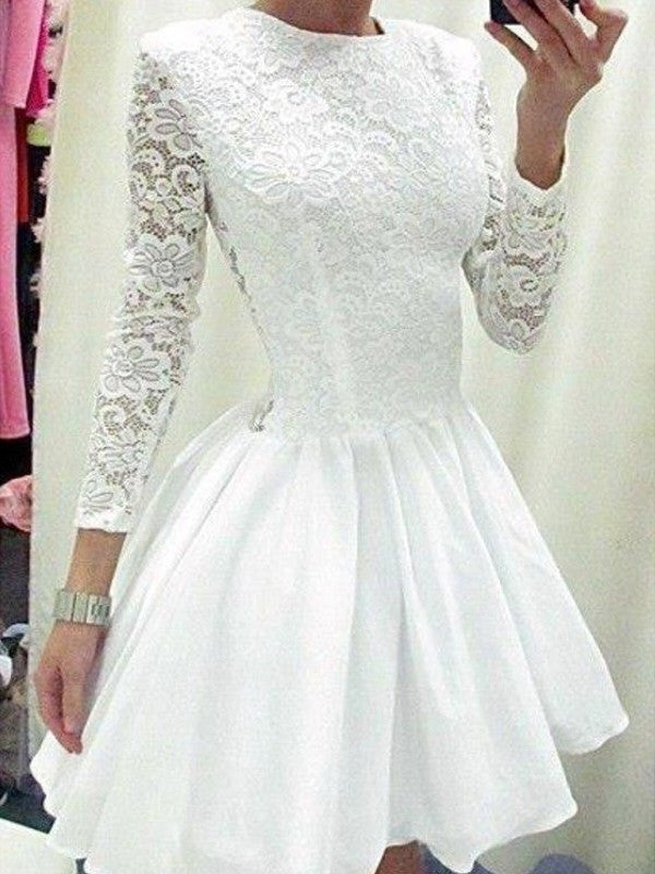 Lace Homecoming Dresses Chiffon Chasity A-Line/Princess Long Sleeves Scoop Short/Mini Dresses