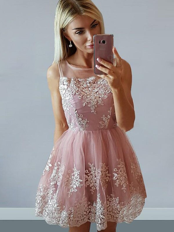 A-Line/Princess Tulle Homecoming Dresses Lea Sleeveless Scoop Applique Short/Mini Dresses