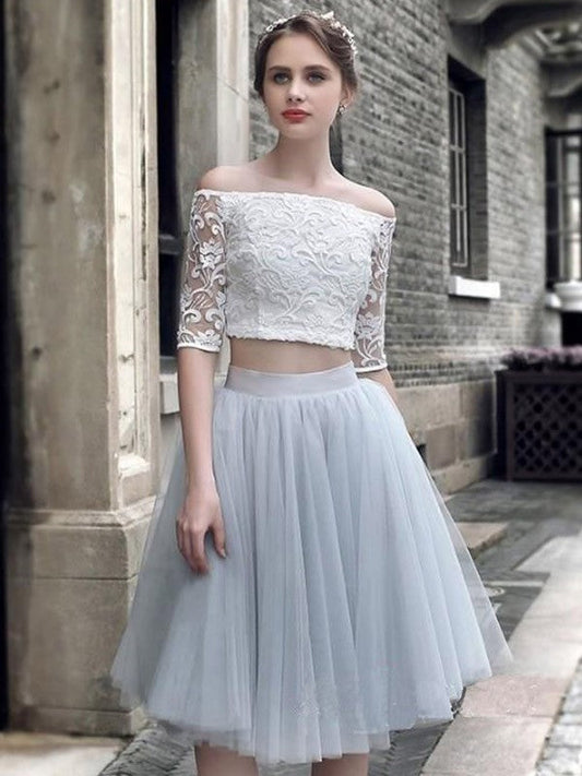 A-Line/Princess Tulle Ruched Off-The-Shoulder Homecoming Dresses Amira 1/2 Sleeves Knee-Length Two Piece Dresses