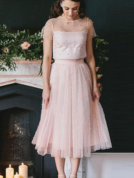 A-Line/Princess Tulle Short Caroline Homecoming Dresses Sleeves Scoop Tea-Length Two Piece Dresses