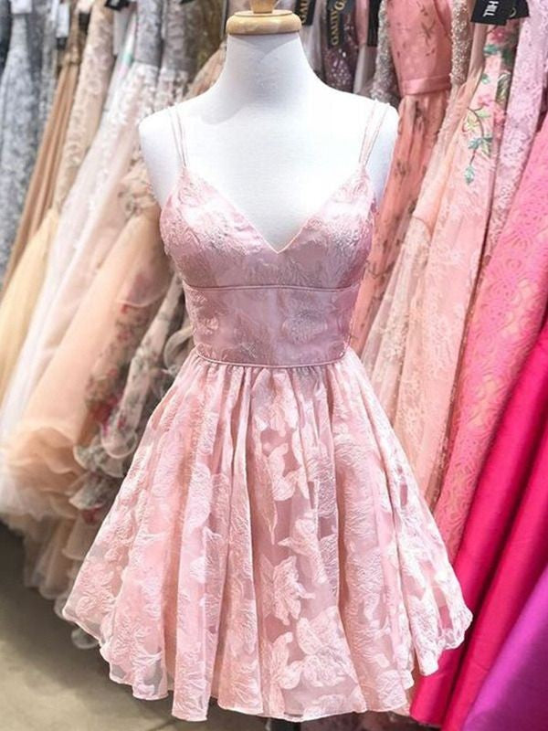 A-Line/Princess Spaghetti Homecoming Dresses Janessa Lace Straps Sleeveless Ruffles Short/Mini