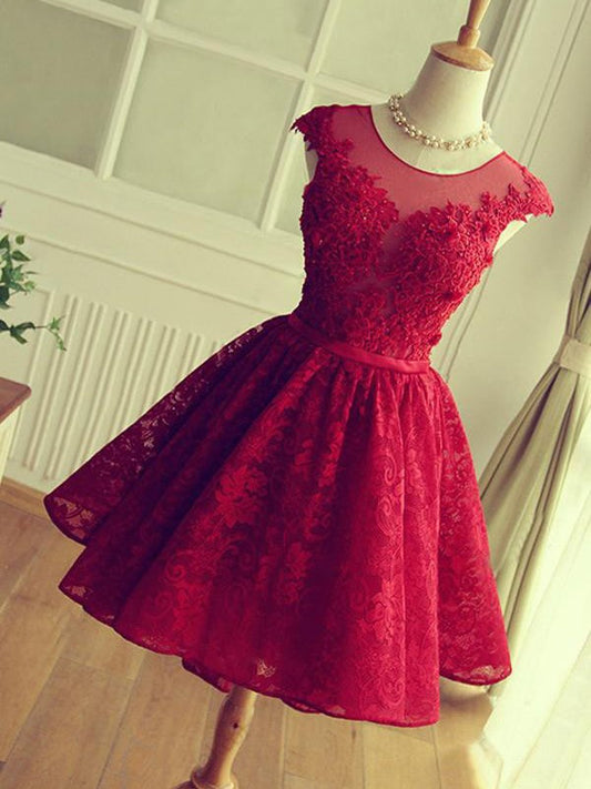 A-Line Jewel Cut Short With Applique Red Suzanne Homecoming Dresses Lace