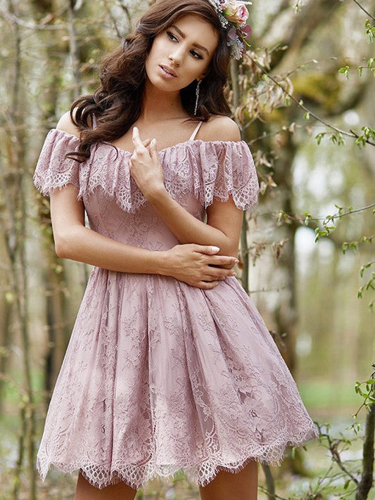 A-Line/Princess Ruffles Off-The-Shoulder Sleeveless Short/Mini Homecoming Dresses Lace Skyla Dresses