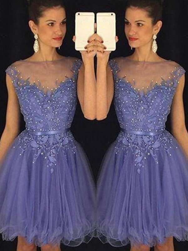 A-Line/Princess Sleeveless Scoop Applique Tulle Short/Mini Dresses Micaela Homecoming Dresses