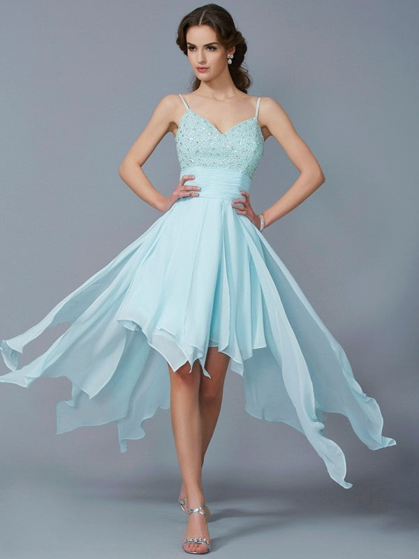 A-Line/Princess Spaghetti Straps Sleeveless Beading Chiffon Tamara Homecoming Dresses High Low