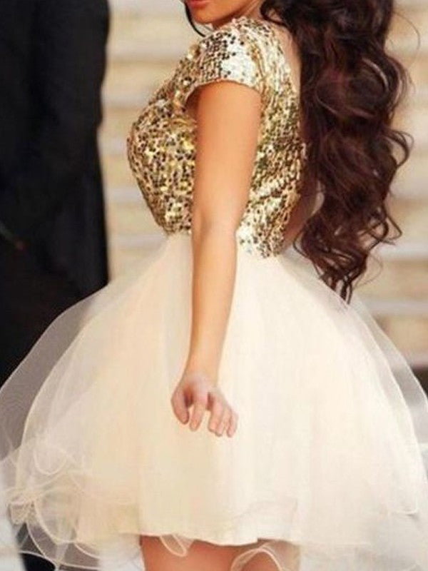 A-Line/Princess Sleeveless Scoop Sequin Tulle Short/Mini Dresses Homecoming Dresses Charity