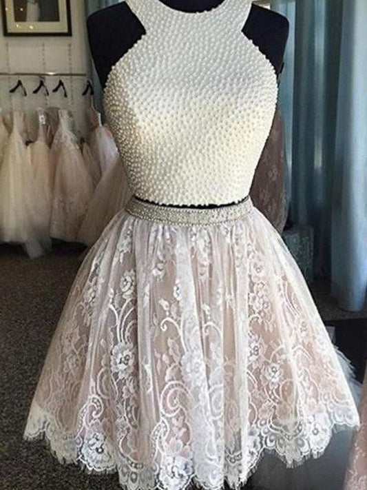 A-Line/Princess Sleeveless Halter Pearls Short/Mini Two Piece Lace Homecoming Dresses Myla Dresses
