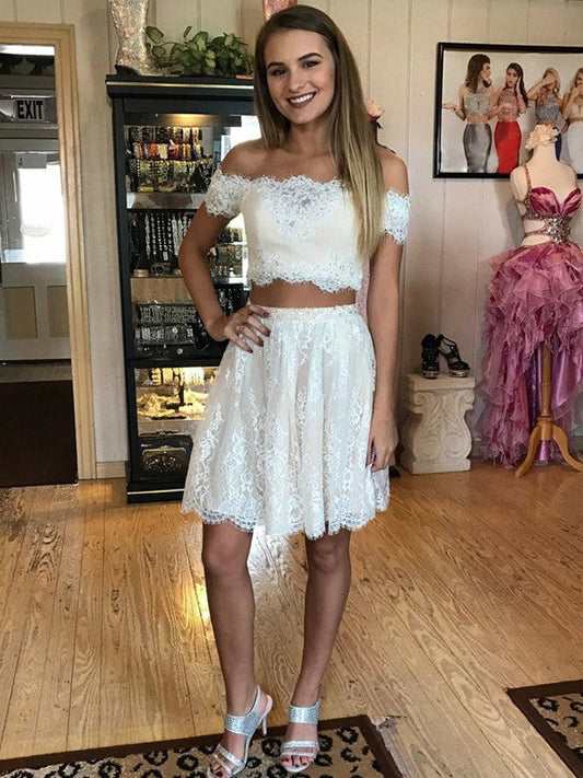 A-Line/Princess Off-The-Shoulder Sleeveless Short/Mini Two Piece Dresses Bianca Homecoming Dresses Lace