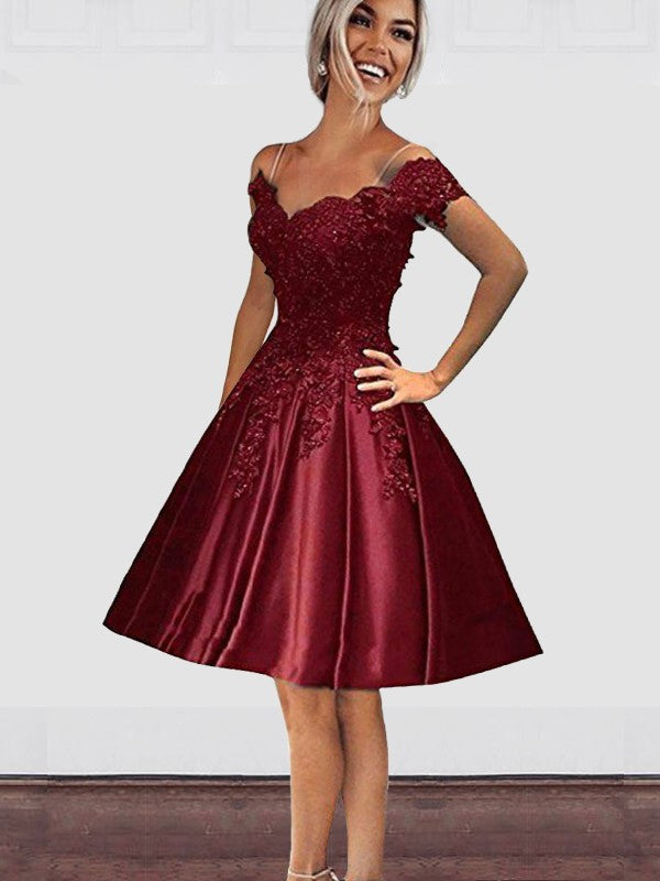 A-Line Off-The-Shoulder Cut Short With Applique Burgundy Satin Homecoming Dresses Camila