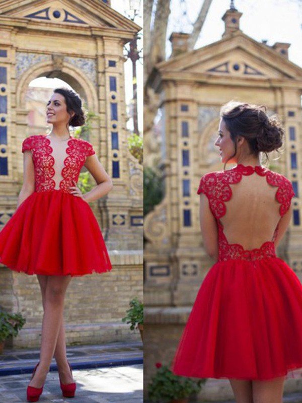 A-Line/Princess Homecoming Dresses Tess Lace Short Sleeves Scoop Short/Mini Tulle Dresses