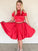 A-Line/Princess Beading Off-The-Shoulder Hillary Homecoming Dresses Satin Sleeveless Knee-Length Two Piece Dresses