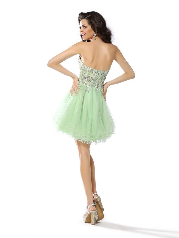 A-Line/Princess Satin Cocktail Sally Homecoming Dresses Sweetheart Ruffles Sleeveless Short Dresses