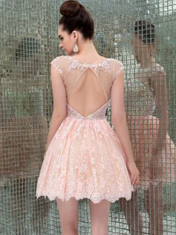 A-Line/Princess Sleeveless Scoop Beading Homecoming Dresses Denisse Lace Short/Mini Dresses