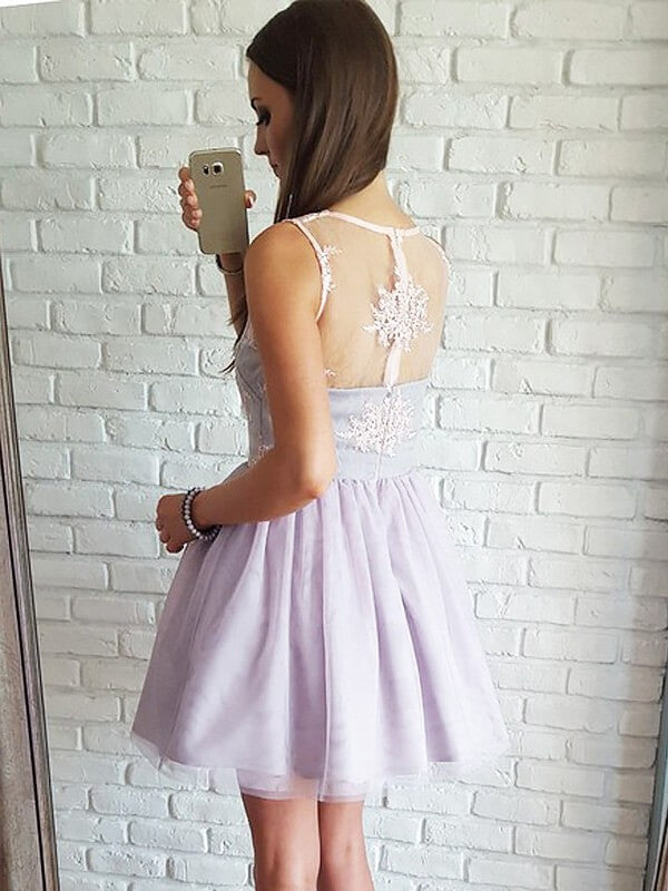 Lace Homecoming Dresses Libby A-Line/Princess V-Neck Sleeveless Tulle Short/Mini Dresses