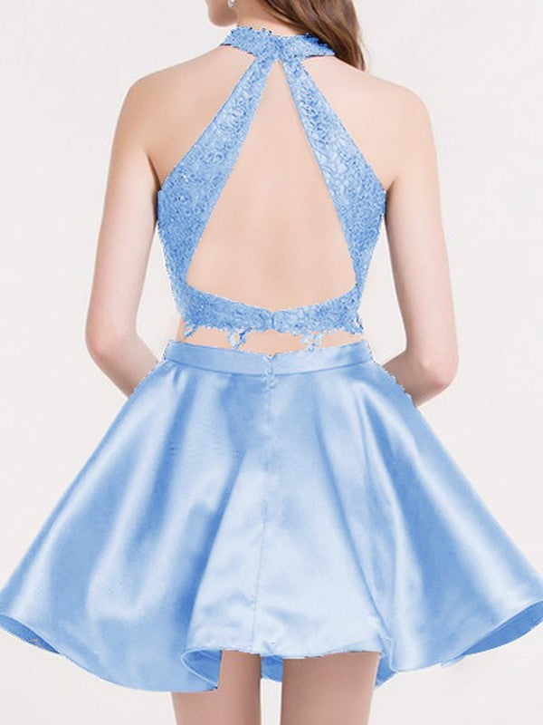 A-Line/Princess Lace Satin Jane Homecoming Dresses Sleeveless Halter Short/Mini Two Piece Dresses