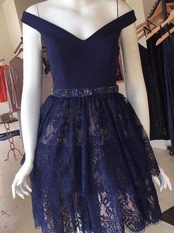 A-Line/Princess Sleeveless Off-The-Shoulder Beading Short/Mini Dresses Lace Sharon Satin Homecoming Dresses