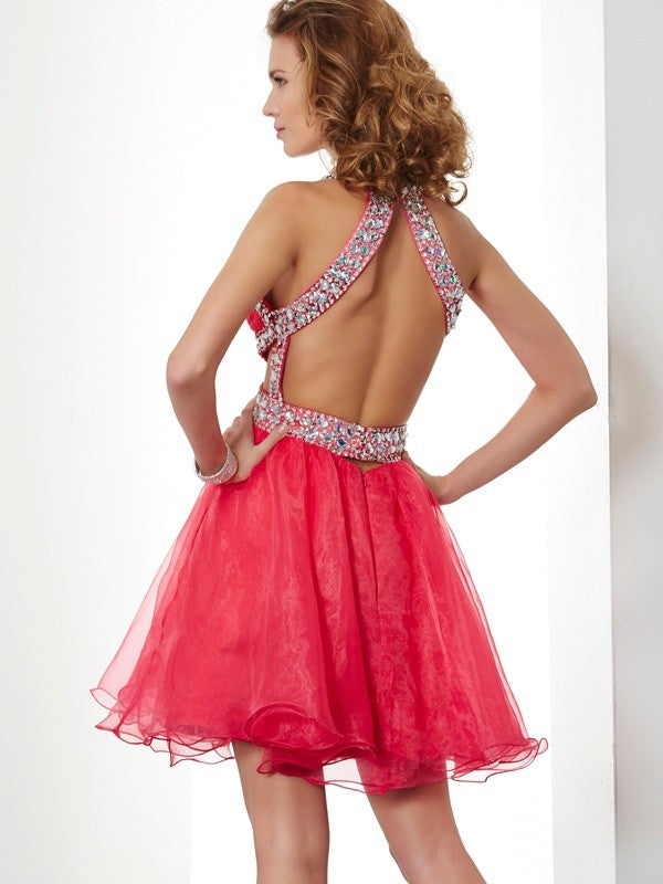 A-Line/Princess Halter Sleeveless Beading Carmen Homecoming Dresses Short Organza