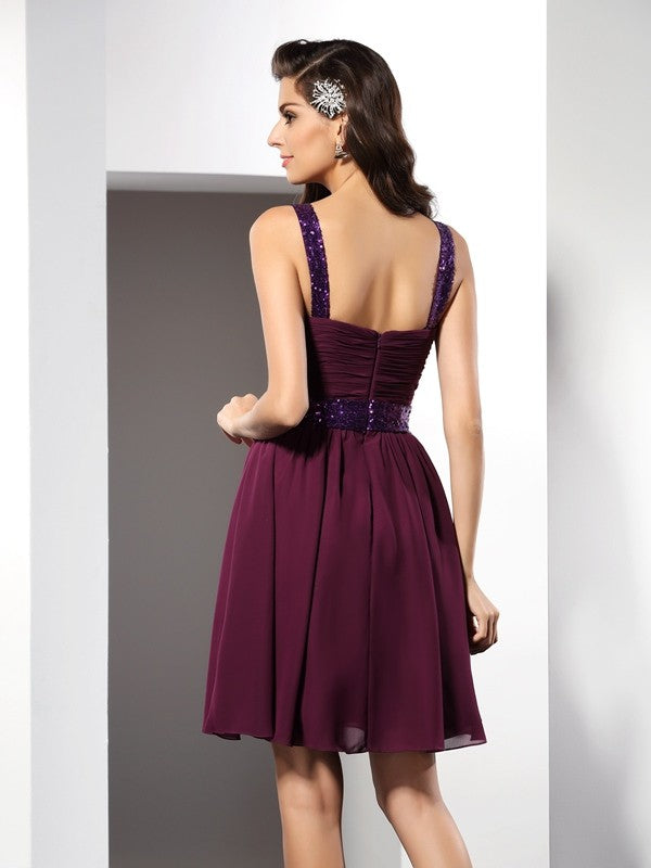 A-Line/Princess Straps Ruched Sleeveless Short Dresses Chiffon Homecoming Dresses Emilie Cocktail