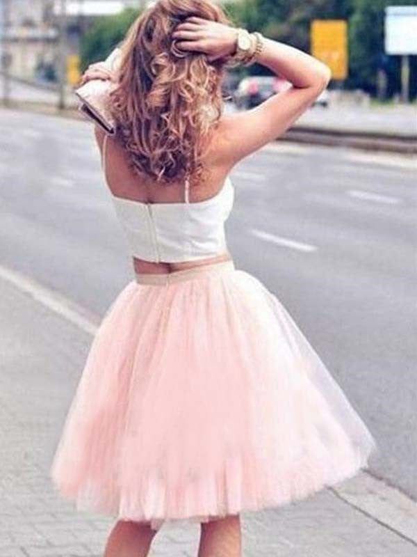 A-Line/Princess Tulle Sleeveless Pleats Baylee Homecoming Dresses Spaghetti Straps Knee-Length Two Piece Dresses