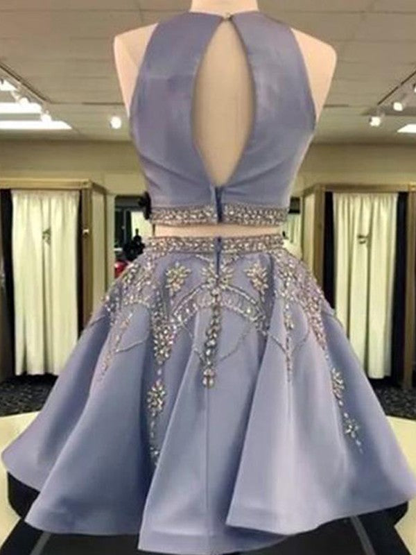 Satin Homecoming Dresses Jaliyah A-Line/Princess Sleeveless Bateau Beading Short/Mini Two Piece Dresses