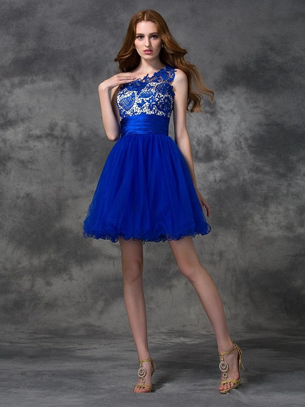 A-Line/Princess One-Shoulder Homecoming Dresses Lace Natalya Satin Sleeveless Short Dresses