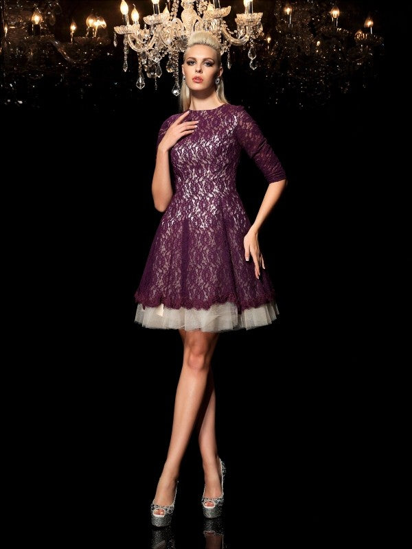 A-Line/Princess Sheer Neck 1/2 Sleeves Cocktail Irene Homecoming Dresses Lace Short Dresses