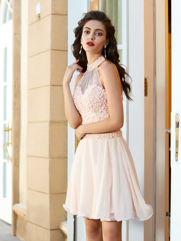 A-Line/Princess Halter Beading Sleeveless Short/Mini Two Piece Homecoming Dresses Chiffon Savannah Dresses