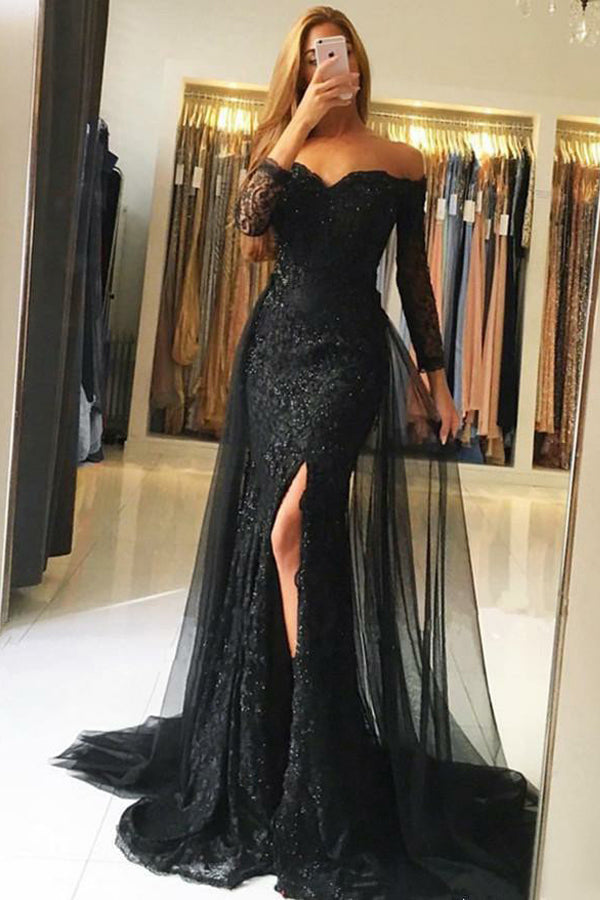 Black Tulle A-Line Off-the-Shoulder Long Sleeves Prom Dresses with Lace Sequins